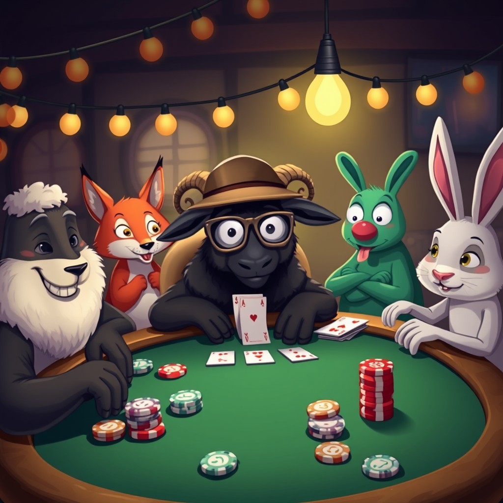 A whimsical scene featuring a black sheep sitting at a poker table, engaging in an animated game of poker with a group of colorful cartoon animals