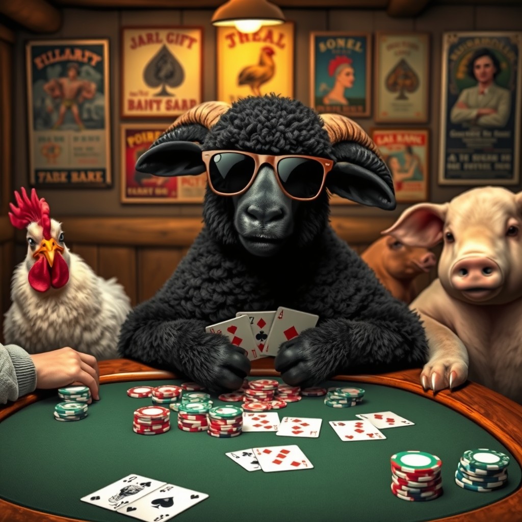 A black sheep sitting at a poker table, intently focused on the cards in its hooves, surrounded by a colorful array of chips and cards