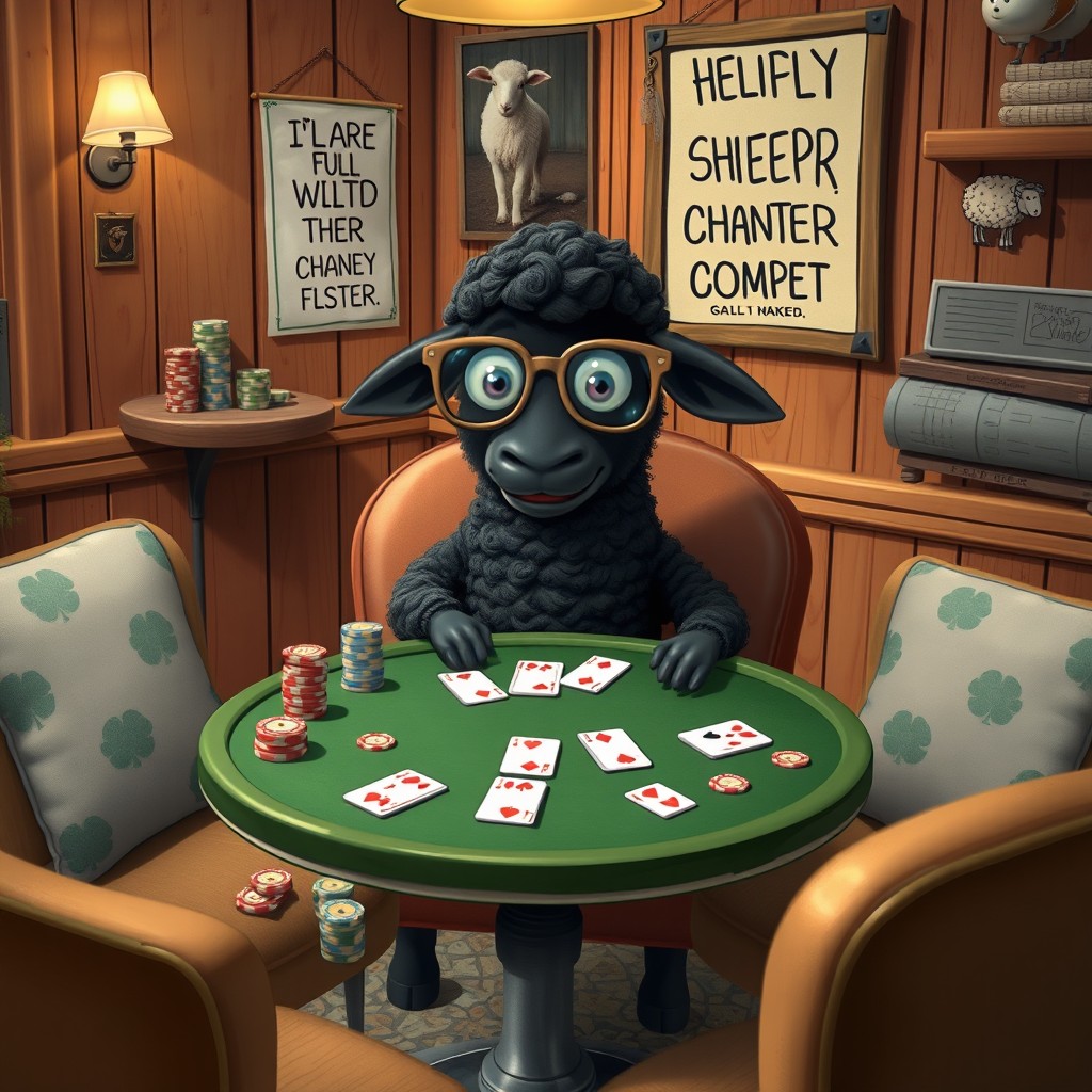 A whimsical scene featuring a solo black sheep playing poker at a small round table