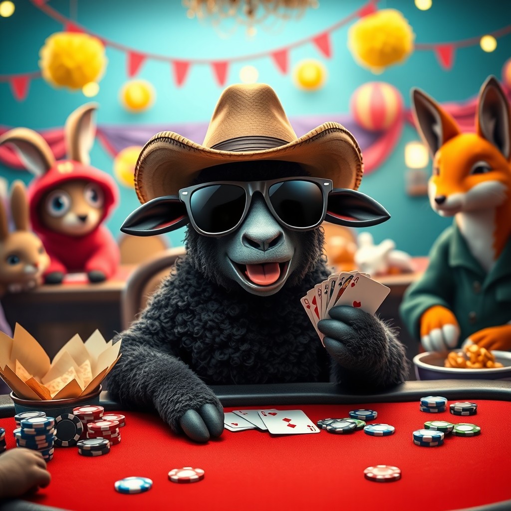 A whimsical scene featuring a single black sheep sitting at a poker table, fully immersed in a game of poker with joyful expression