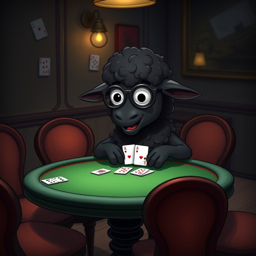 A solo black sheep playing poker at a round table