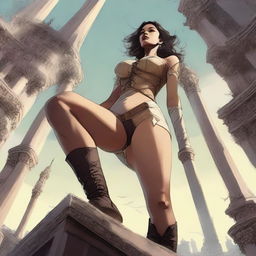 This is a high-quality digital art image, illustrating a towering giantess with an exaggerated hourglass figure