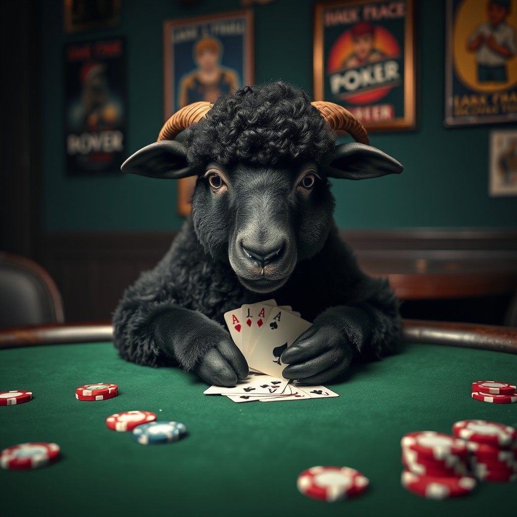 A single black sheep sitting at a green felt poker table, focusing intensely on a hand of cards