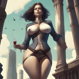 This is a high-quality digital art image, illustrating a towering giantess with an exaggerated hourglass figure