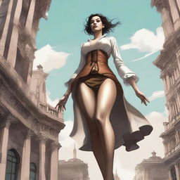 This is a high-quality digital art image, illustrating a towering giantess with an exaggerated hourglass figure