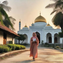 A Russian woman in a headscarf walking towards a mosque, carrying a Quran, with the sunset light illuminating an Indonesian village.