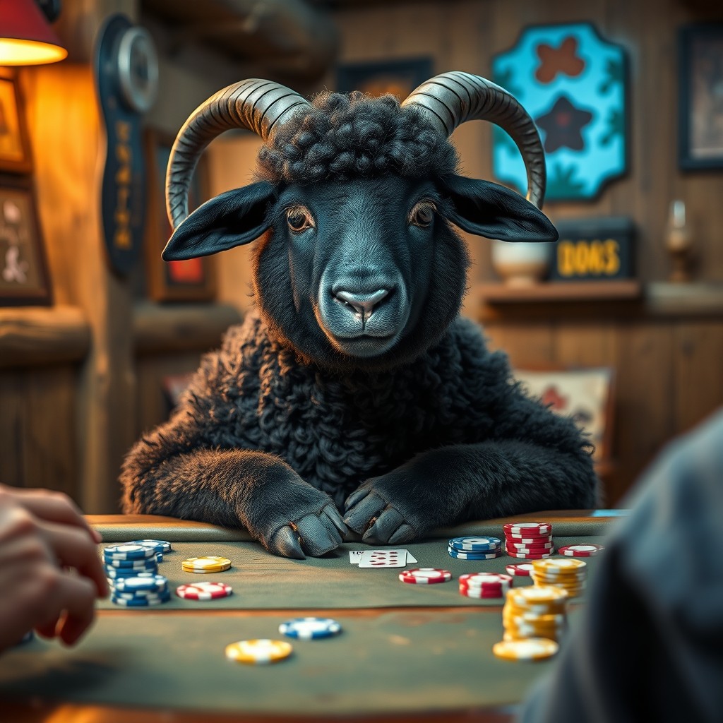 A solo black sheep sitting at a poker table, focused and playing poker without glasses
