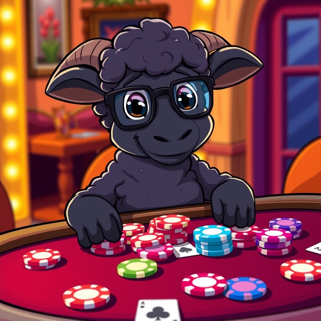 A playful black sheep sitting at a poker table, with a vibrant and colorful poker setup