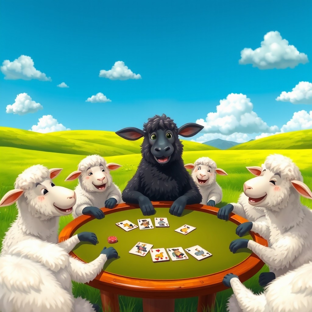 A whimsical scene of a single black sheep surrounded by white sheep, all sitting at a poker table and laughing as they play cards