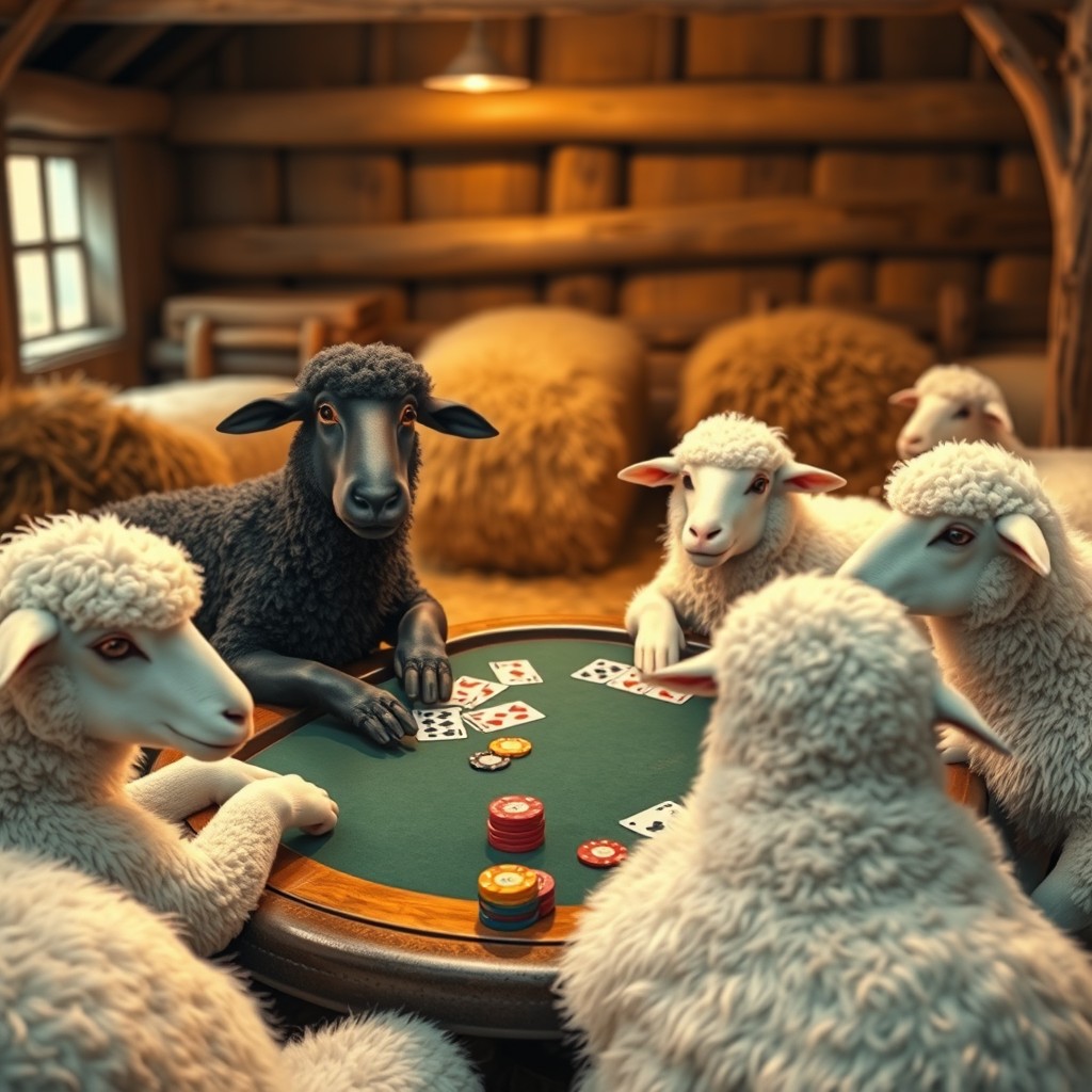 A single black sheep and several white sheep sitting around a poker table, playing cards
