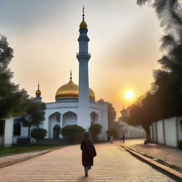 A Russian woman in a headscarf walking towards a mosque, carrying a Quran, with the sunset light illuminating an Indonesian village.