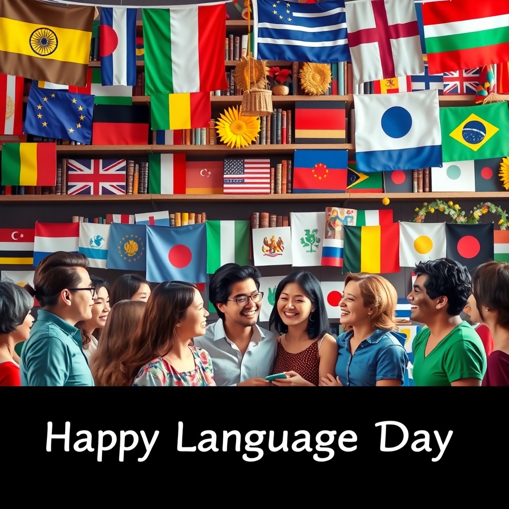 An artistic representation of the celebration of Language Day, featuring colorful flags representing different languages around the world