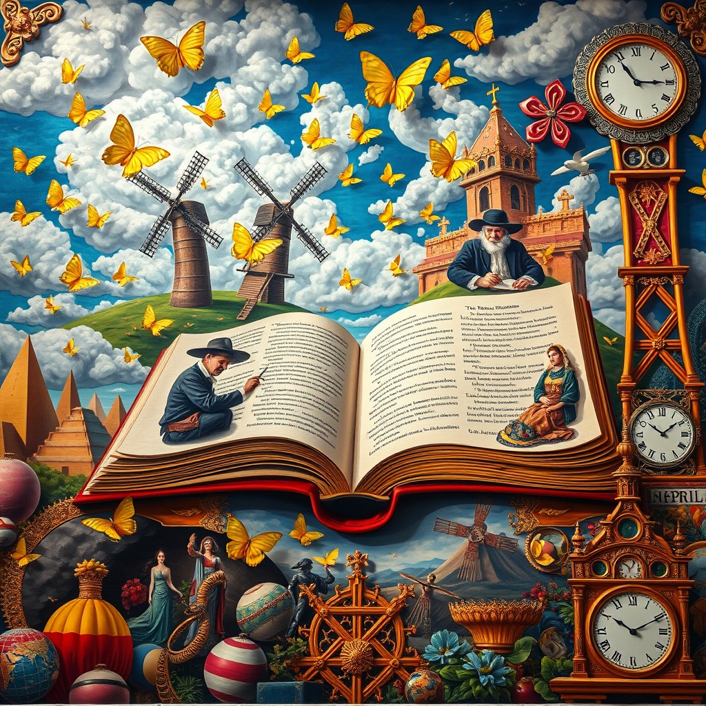 An epic mural for the Día del Idioma Español in vibrant magical realism style, featuring: a giant open book with its pages transforming into windmills (representing Don Quijote), floating verses, and golden letters like Ñ, ¡, ¿