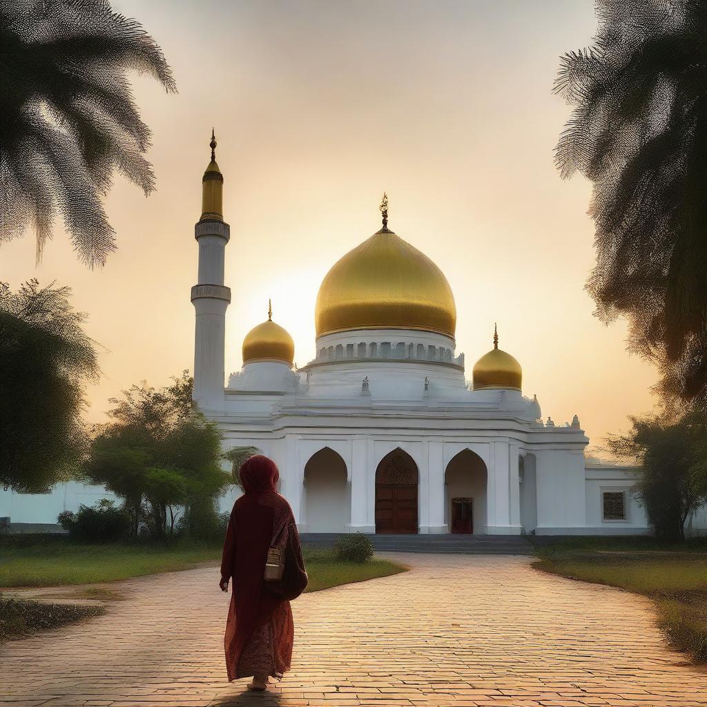 A Russian woman in a headscarf walking towards a mosque, carrying a Quran, with the sunset light illuminating an Indonesian village.