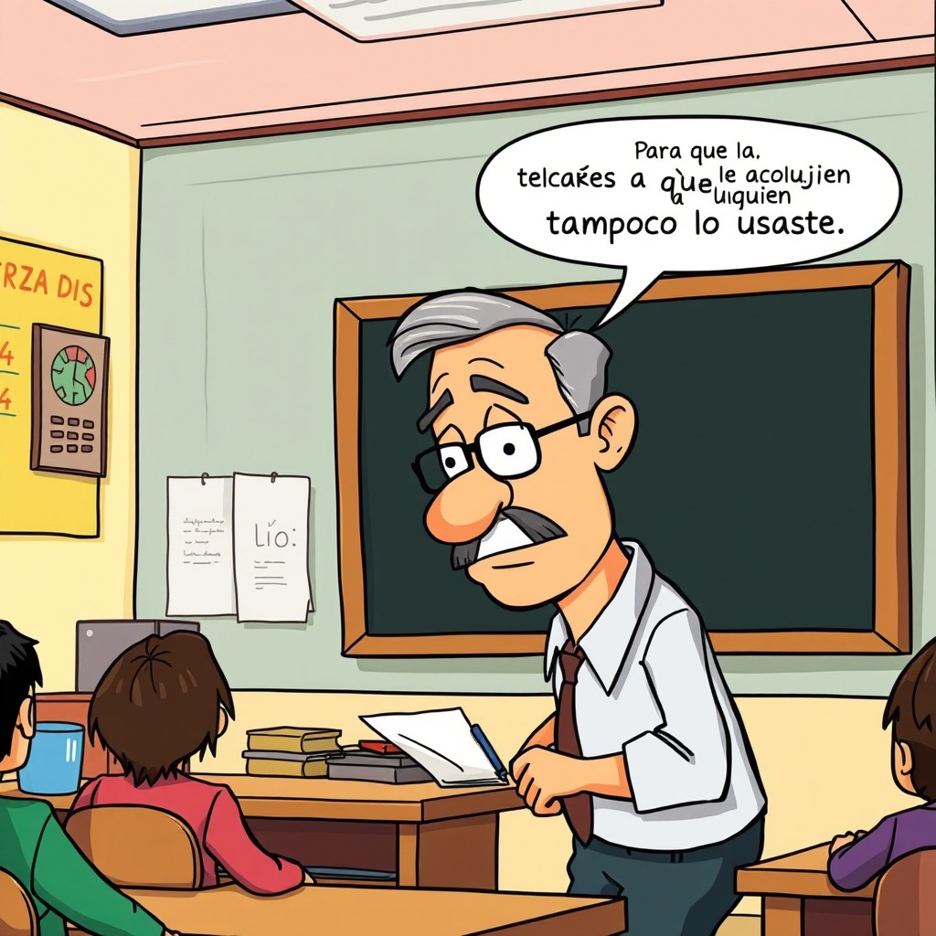 A cartoon scene in the same classroom, featuring a male teacher in his 50s with a mustache and glasses, writing on the blackboard