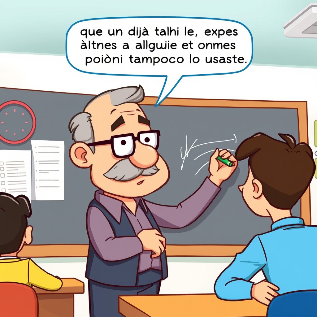 A cartoon scene in a classroom, featuring a middle-aged male teacher around 50 years old, with a mustache and glasses, writing on the blackboard