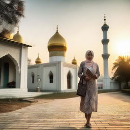 A Russian woman in a headscarf walking towards a mosque, carrying a Quran, with the sunset light illuminating an Indonesian village.