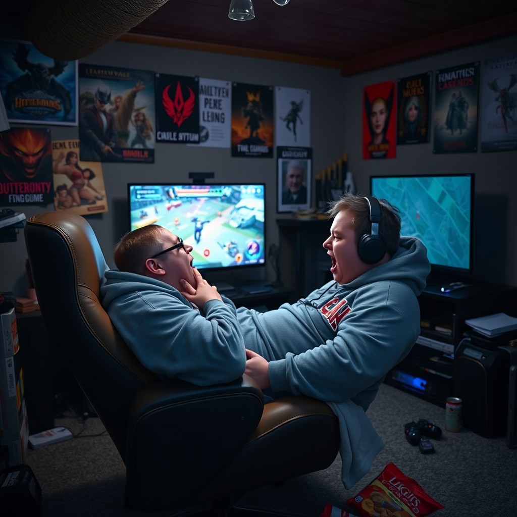 An overweight person sitting on a comfortable gaming chair in a cozy basement, intensely playing a vibrant video game called 'Mobile Legends Bang Bang'