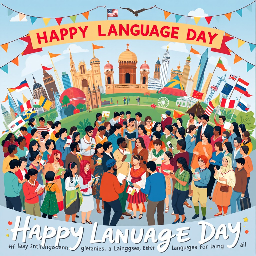 A global celebration of the International Language Day, depicting a vibrant scene filled with people of different ethnicities and cultures coming together to celebrate language and communication