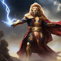 Depict Ki Singalodra, a future commander embodying lion-like power, cloaked in a robe of lightning energy and a futuristic mask, descending unto earth to eradicate evil and join the Avengers.