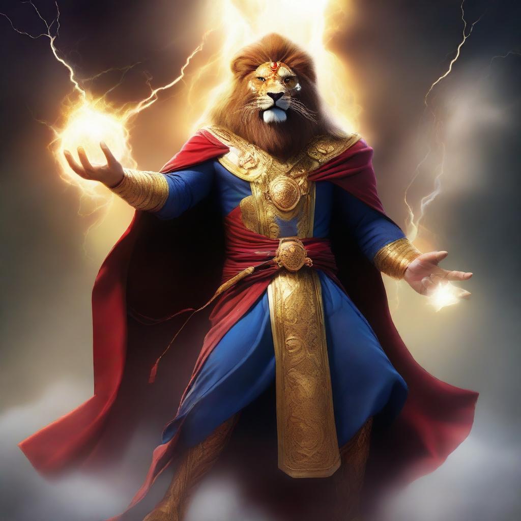 Depict Ki Singalodra, a future commander embodying lion-like power, cloaked in a robe of lightning energy and a futuristic mask, descending unto earth to eradicate evil and join the Avengers.