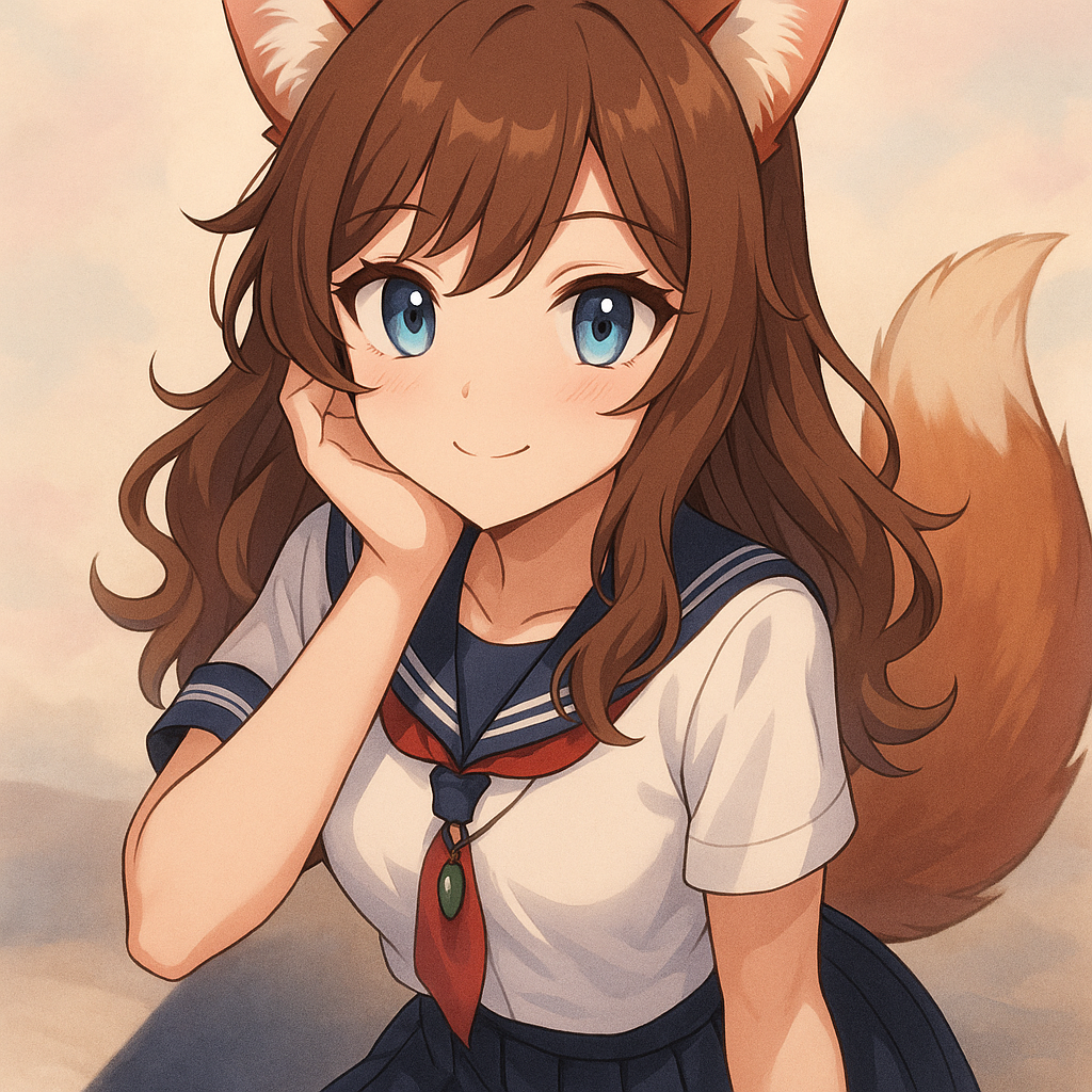 Anime style japanese school uniform fox ears and tail brown hair blue eyes