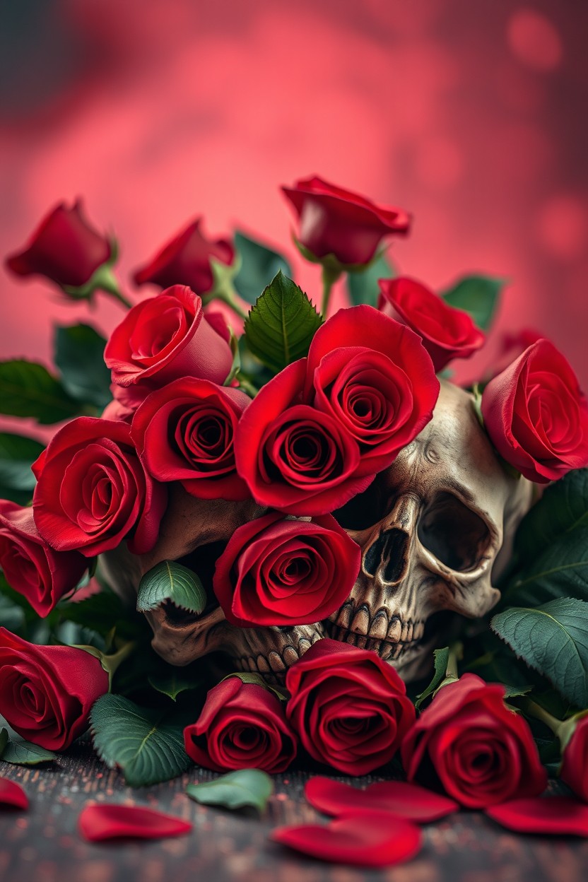 A vibrant and artistic composition featuring a striking contrast between beautiful, lush red roses and intricately detailed skulls, symbolizing a passionate love and obsession
