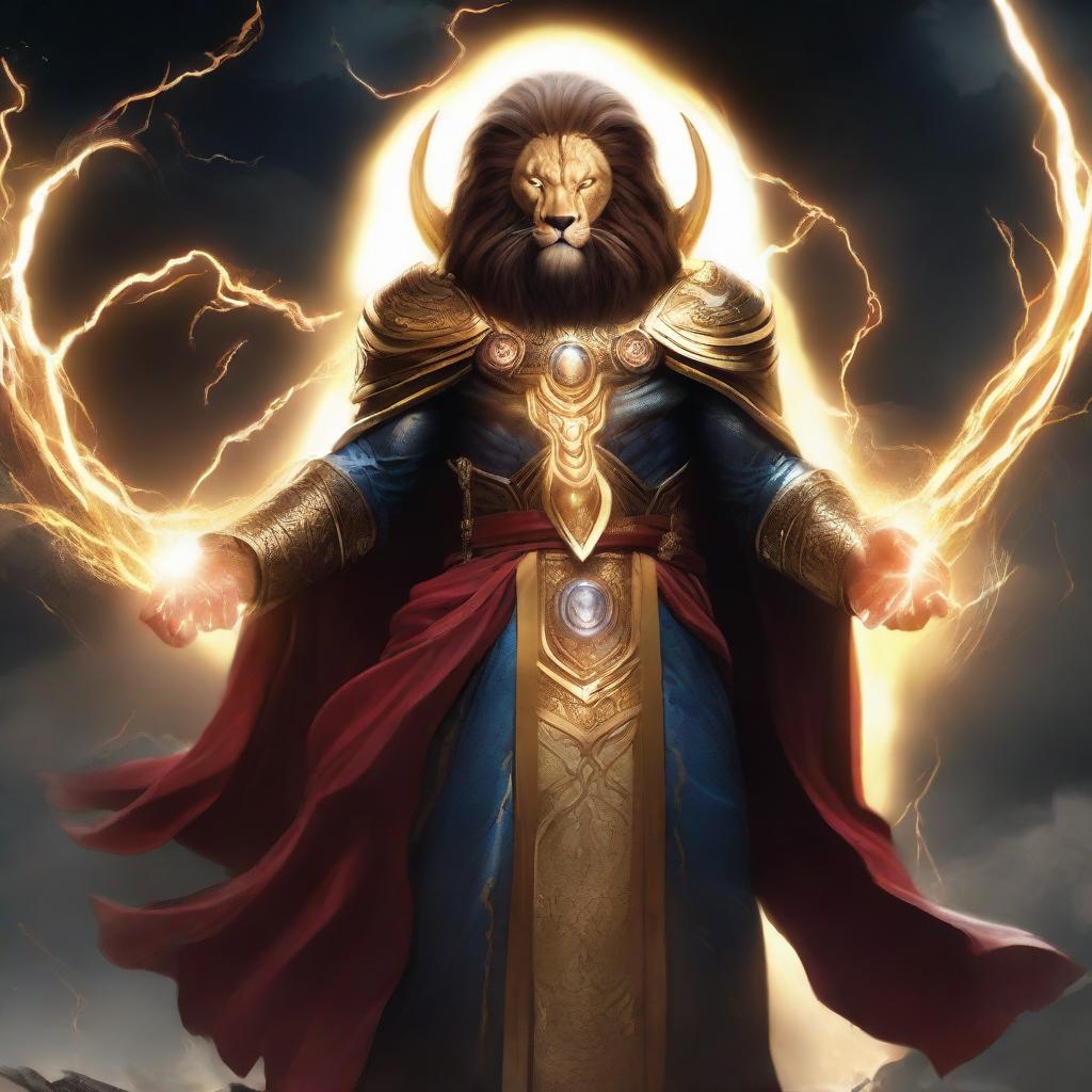 Depict Ki Singalodra, a future commander embodying lion-like power, cloaked in a robe of lightning energy and a futuristic mask, descending unto earth to eradicate evil and join the Avengers.