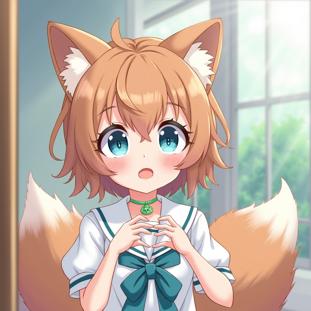 A charming anime-style illustration featuring a character in a Japanese school uniform taking a mirror selfie