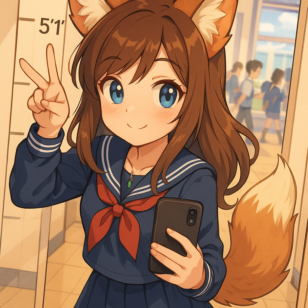 Anime style japanese school uniform mirror selfie fox ears and tail brown hair blue eyes 5' 1" small green necklace