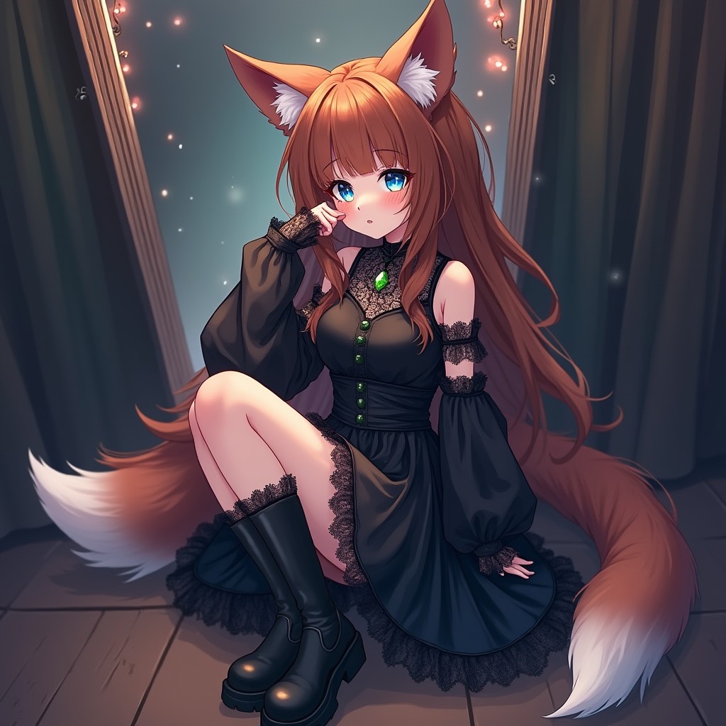 A full body portrait of a fox girl in a goth outfit, featuring brown hair and striking blue eyes