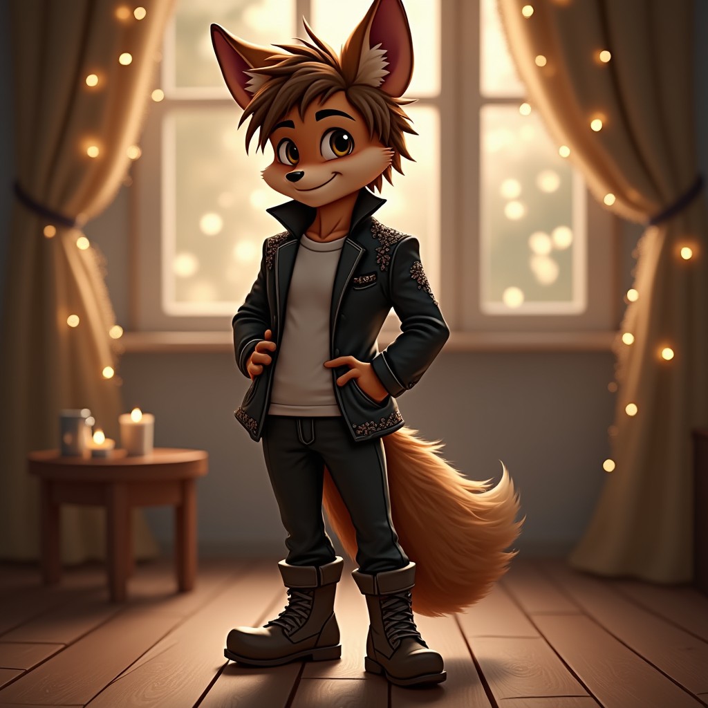 A fantasy scene featuring a handsome anthropomorphic character with fox ears and a stylish, tousled brown hairstyle