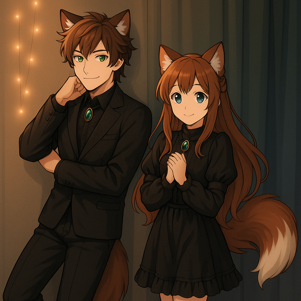 Put them together in the same room with her left leg behind her right and her hands to her chest and him leaning against the wall with his left foot on the wall