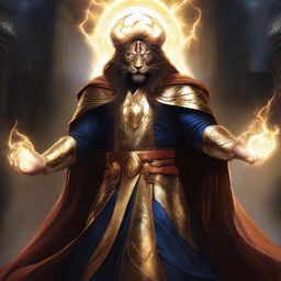 Depict Ki Singalodra, a future commander embodying lion-like power, cloaked in a robe of lightning energy and a futuristic mask, descending unto earth to eradicate evil and join the Avengers.