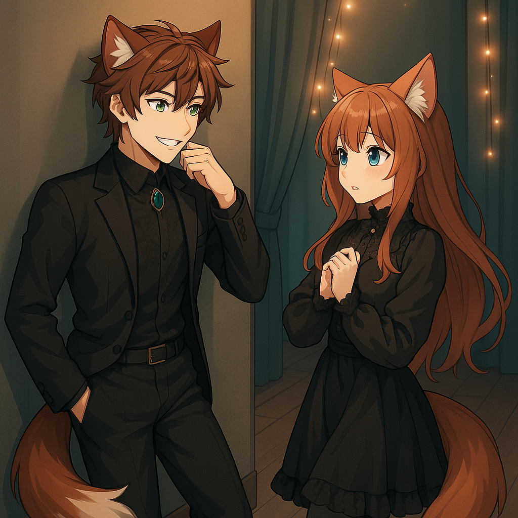 Put them facing each other in the same room with her left leg behind her right and her hands to her chest and him leaning against the wall with his left foot on the wall