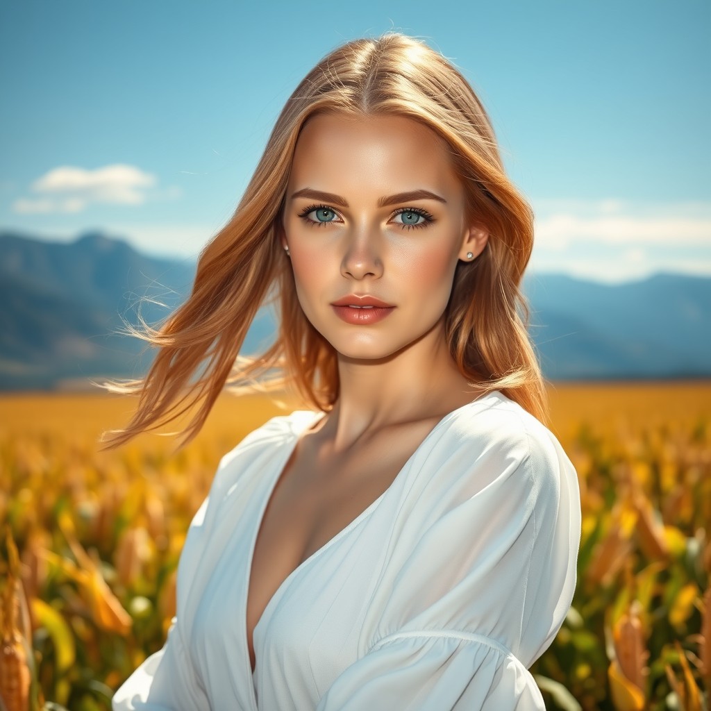 A hyper-realistic portrait of a beautiful white woman with light brown hair and striking green eyes