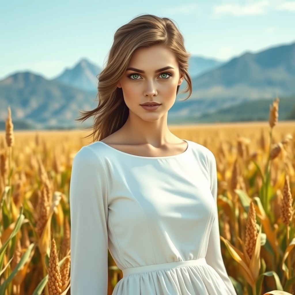 A hyper-realistic depiction of a beautiful white woman with brown hair and striking green eyes