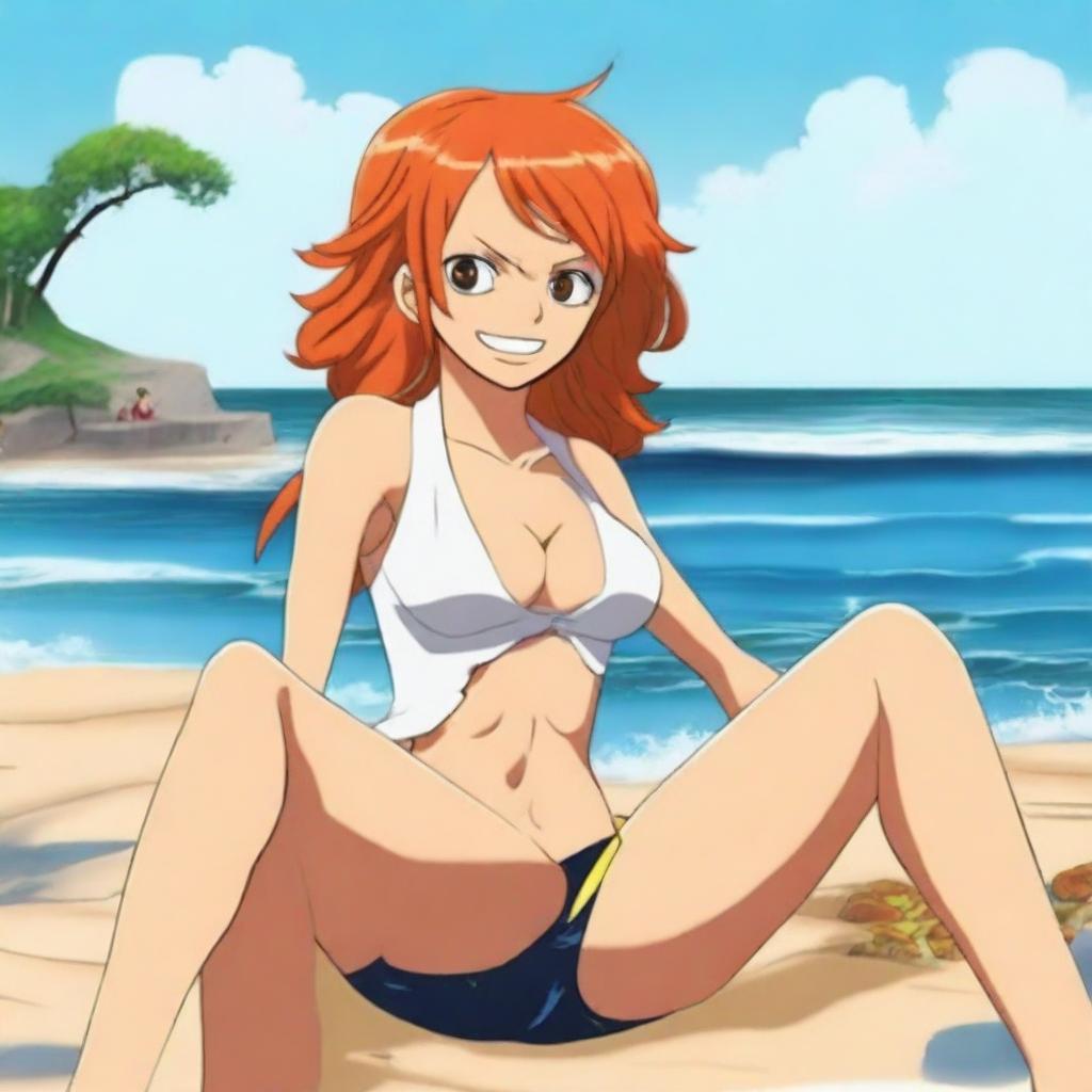 A high-quality digital art image showcasing Nami, a character from One Piece, sitting on a sunlit beach