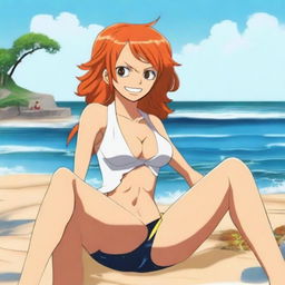 A high-quality digital art image showcasing Nami, a character from One Piece, sitting on a sunlit beach