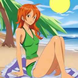 A high-quality digital art image showcasing Nami, a character from One Piece, sitting on a sunlit beach