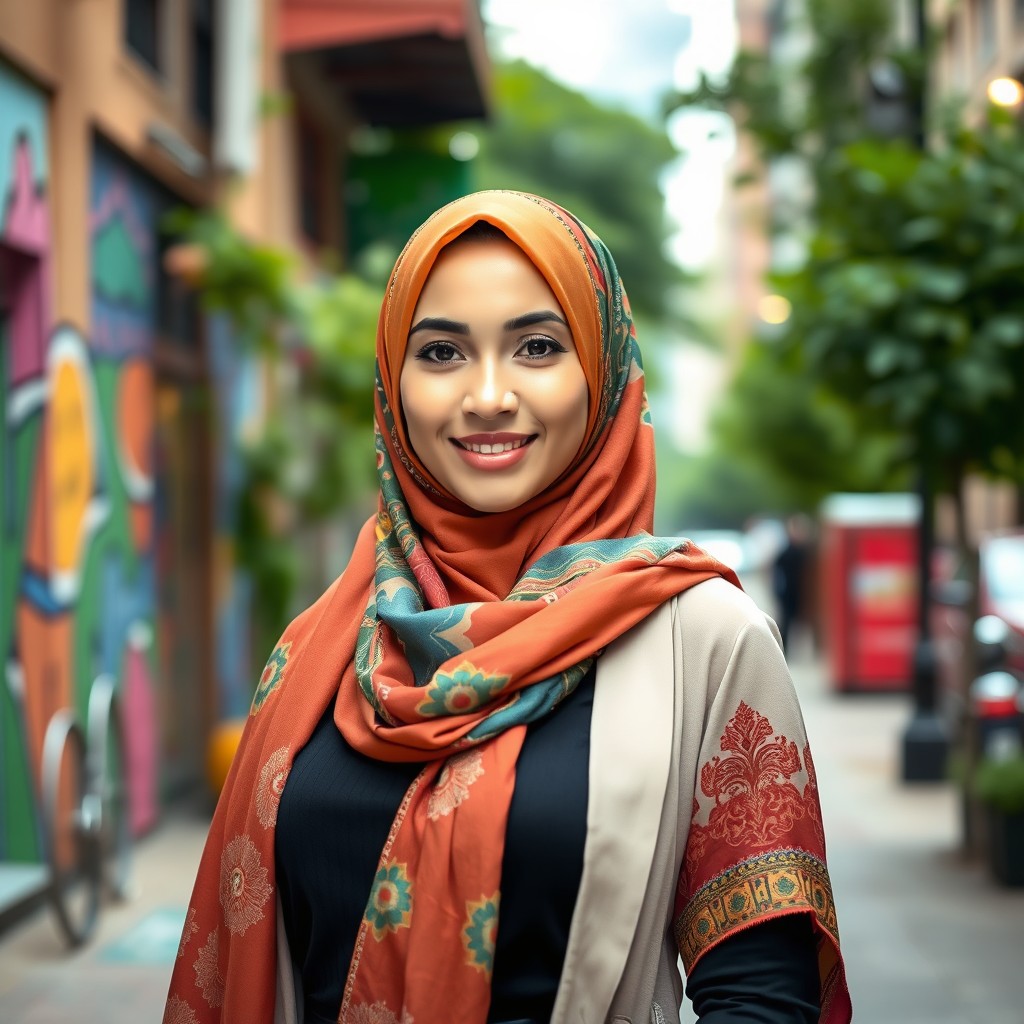 A beautiful woman wearing a colorful hijab, standing confidently in an urban setting
