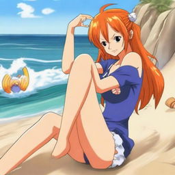 A high-quality digital art image showcasing Nami, a character from One Piece, sitting on a sunlit beach