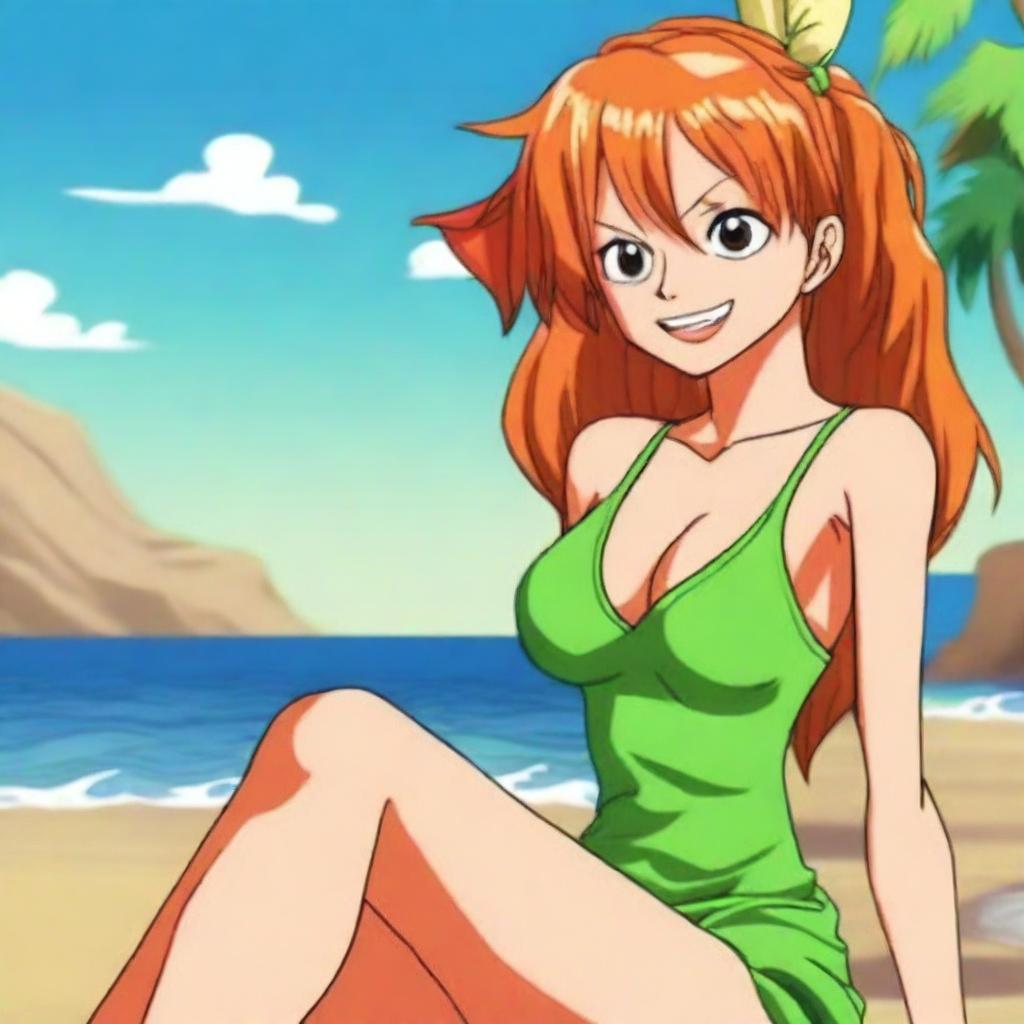 A high-quality digital art image showcasing Nami, a character from One Piece, sitting on a sunlit beach