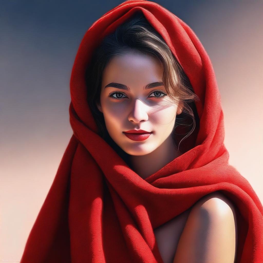 This high-quality digital art image portrays an attractive girl wrapped in a vibrant red towel