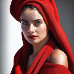 This high-quality digital art image portrays an attractive girl wrapped in a vibrant red towel