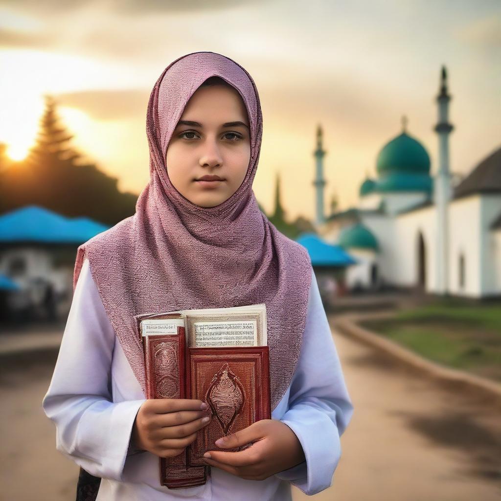 A beautiful Russian teenager in a headscarf walking towards a mosque, carrying a Quran, with the sunset light illuminating an Indonesian village.