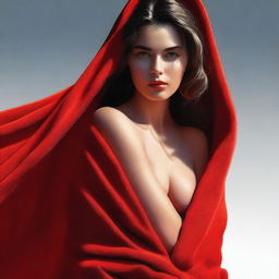 This high-quality digital art image portrays an attractive girl wrapped in a vibrant red towel