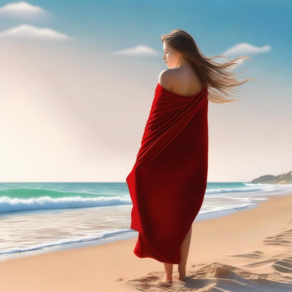 This is a high-quality digital art image portraying an attractive girl on the beach, draped in a vibrant red towel