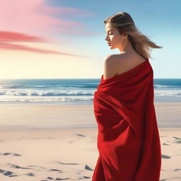 This is a high-quality digital art image portraying an attractive girl on the beach, draped in a vibrant red towel