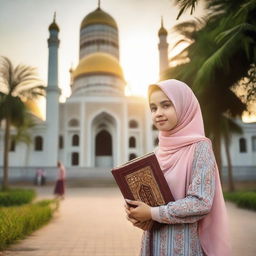 A beautiful Russian teenager in a headscarf walking towards a mosque, carrying a Quran, with the sunset light illuminating an Indonesian village.